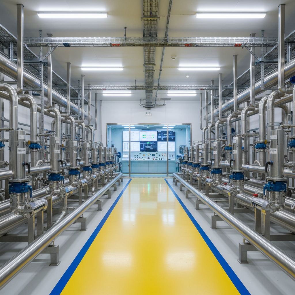 A wide, panoramic view of a modern industrial plant floor in Malaysia, filled with stainless-steel process piping, pressure transmitters, flow meters, and control valves neatly labeled and aligned along a brightly painted safety walkway. In the mid-ground, a clean, glass-fronted control room glows with illuminated indicator lights and large process control screens, seen through the window. Cool, even LED factory lighting washes the entire space, creating crisp reflections on polished metal surfaces and subtle shadows beneath cable trays. Captured at eye level with sharp focus throughout, the composition emphasizes order, reliability, and high-performance automation. The photographic realism and clean, professional aesthetic convey trust, precision, and advanced industrial instrumentation expertise without showing any people.