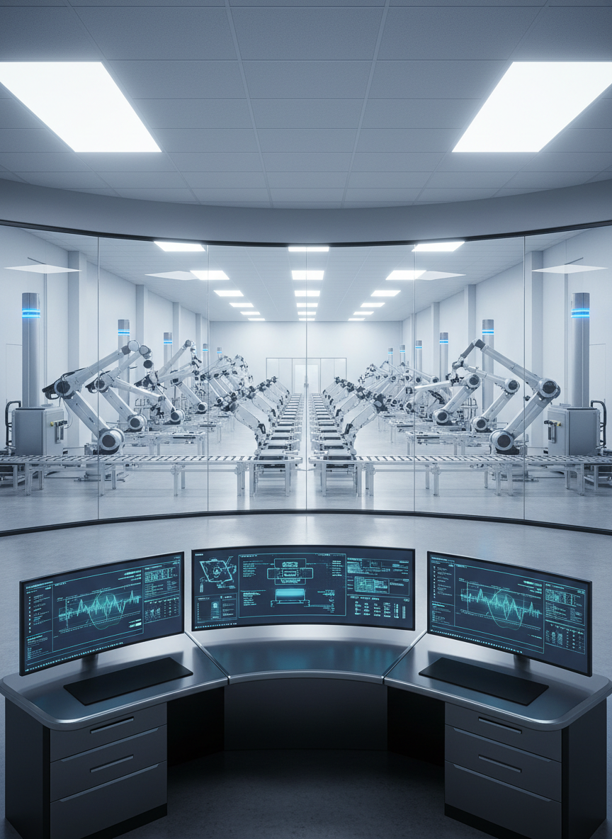 A high-tech central control room overlooking an automated production line, photographed from inside the room looking out through a large glass wall. In the foreground, sleek, dark console surfaces support multiple large, bezel-less screens displaying abstracted, non-readable process graphics and graphs. Beyond the glass, robotic arms, conveyor systems, and evenly spaced sensor arrays line a brightly lit factory hall. Cool, balanced artificial lighting from ceiling panels creates a calm, focused environment with soft reflections on glass and monitor surfaces. Shot at eye level with symmetrical composition, the image emphasizes the integration of instrumentation, process measurement, and automation into a cohesive system. The photographic realism, clean lines, and subtle blue-grey color palette convey professionalism, advanced engineering, and reliable remote monitoring capabilities.