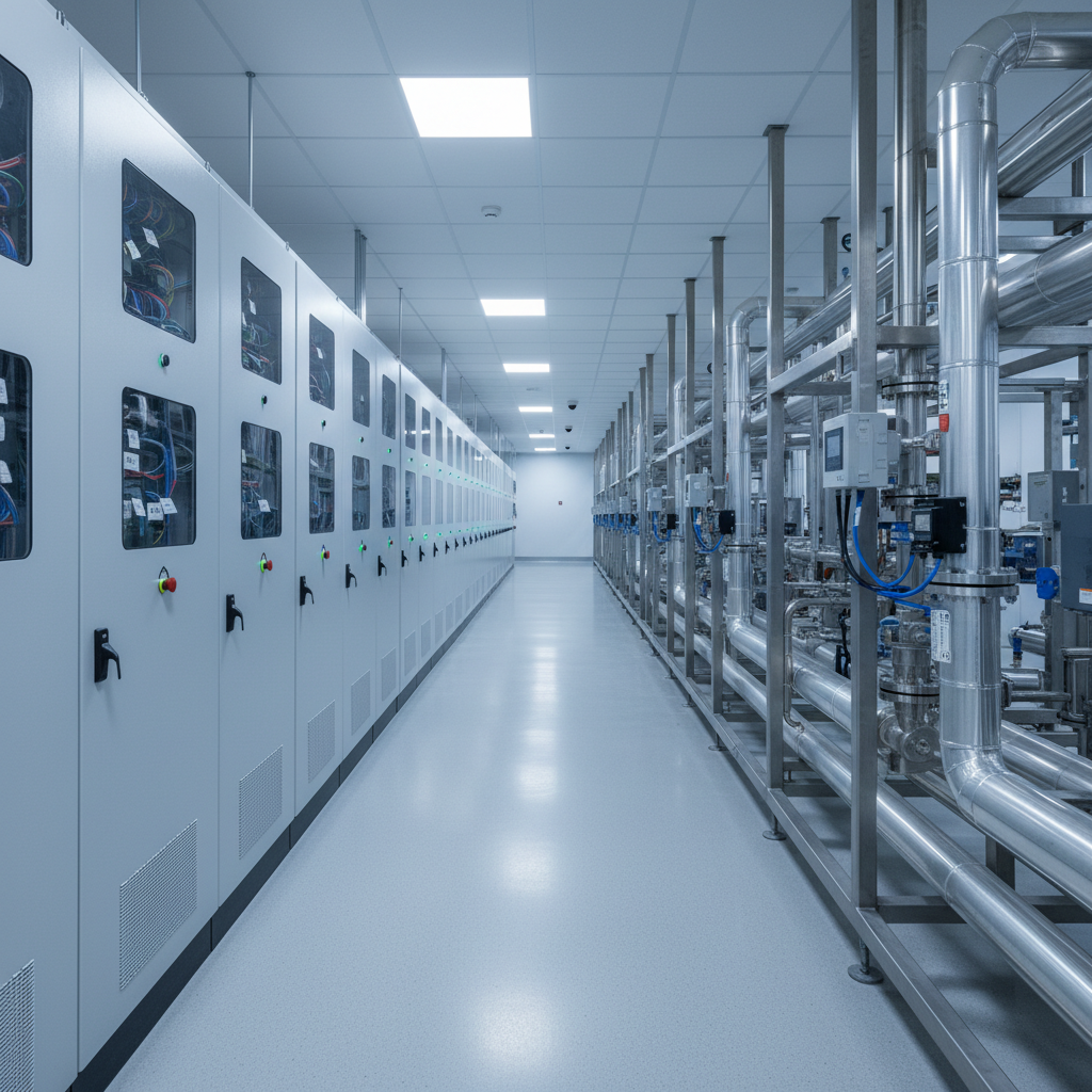 A long industrial corridor in a manufacturing facility, featuring a row of neatly aligned control panels and PLC cabinets with closed, smooth grey doors, subtle indicator lights, and tidy cable labeling visible through small transparent windows. Along the opposite wall, an array of neatly installed temperature sensors and flow instruments is mounted on insulated pipes and stainless-steel skids. Bright, neutral-white overhead lighting provides uniform illumination, creating a clean, efficient atmosphere with minimal shadows. Photographed from a slightly elevated angle using leading lines down the corridor, the composition draws the eye into the depth of the scene, emphasizing scalability and integrated automation systems. The photographic style is crisp and modern, with cool tones that communicate reliability, safety, and well-engineered industrial solutions across the entire plant.