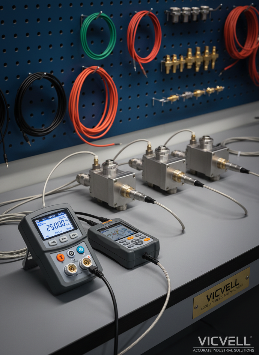 A meticulously organized instrumentation workshop bench displaying calibrated tools and devices used for industrial measurement solutions. On a smooth, matte work surface rest a portable pressure calibrator, a loop calibrator, a handheld communicator, and several neatly arranged pressure and temperature transmitters, all with visible connectors and polished metal fittings. Behind, a pegboard wall holds coiled test leads and adapters in an orderly grid. Soft, overhead studio-style lighting produces minimal glare and gentle, controlled shadows, highlighting textures and precise edges. Captured from a slightly elevated angle with shallow depth of field, the main instruments are in sharp focus while the background tools subtly blur. The mood is professional and meticulous, emphasizing quality assurance, calibration expertise, and Vicvell’s commitment to reliable, accurate industrial instrumentation services.