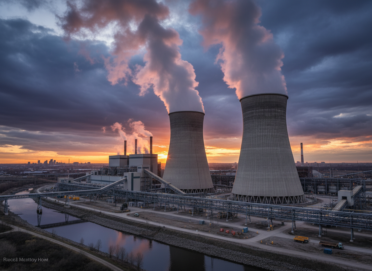 Industrial power plant with large cooling towers emitting steam against a dramatic sky, professional photography, wide angle