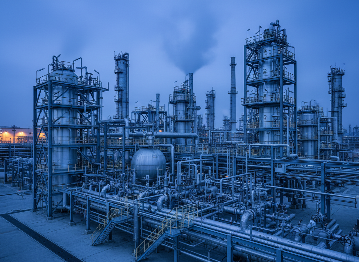 Chemical processing plant with complex network of pipes, valves and steel structures, dramatic industrial photography, blue-tinted lighting at dusk