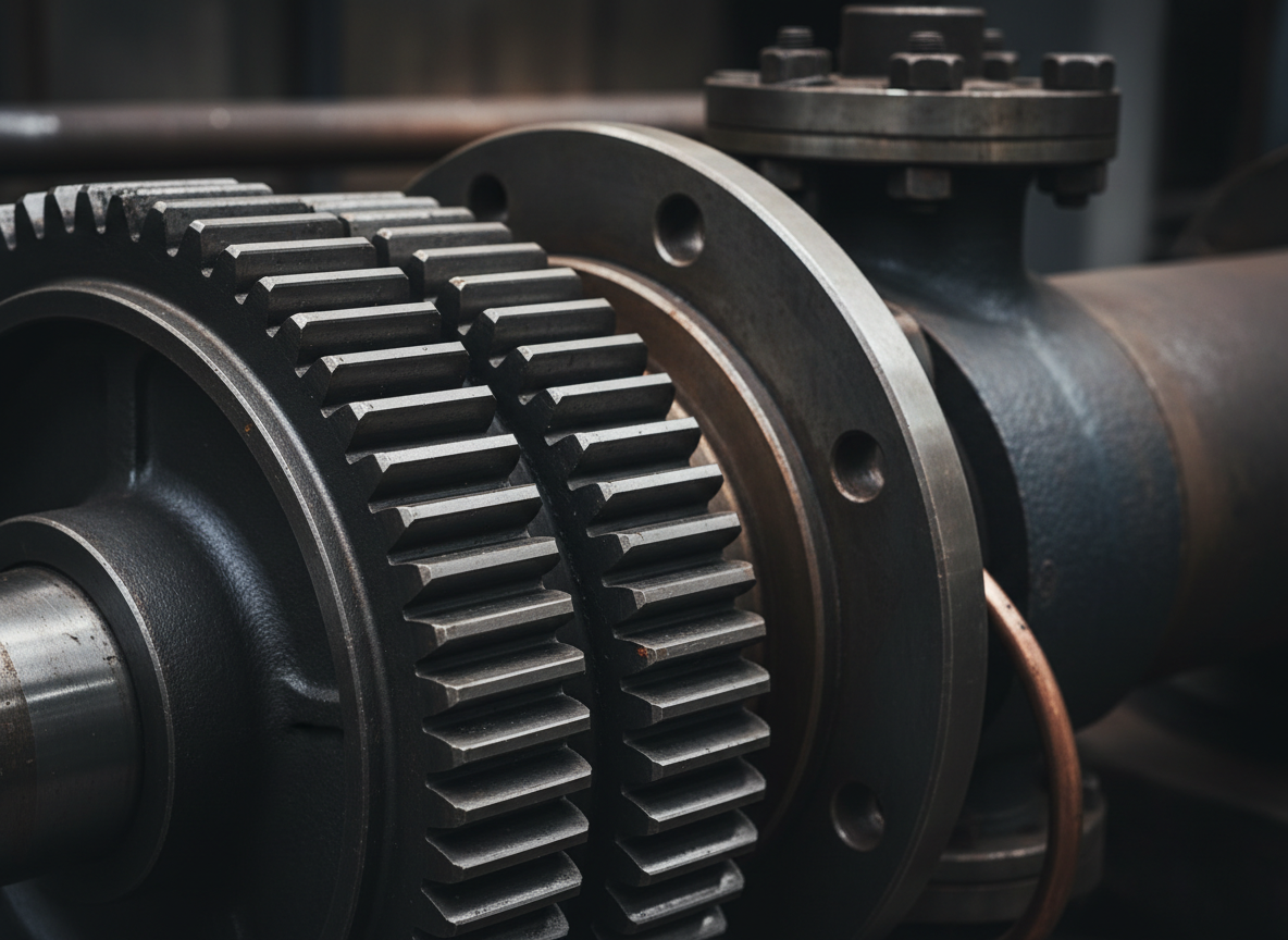 Close-up of heavy industrial machine parts, large metal gears and flanges, precision engineering, dark metallic tones, professional photography