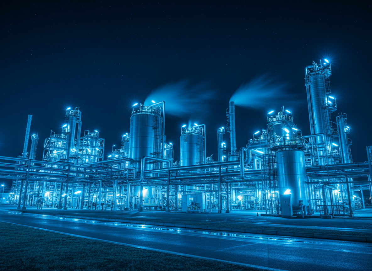 Chemical plant at night with illuminated pipes, tanks and processing equipment, blue industrial lighting, professional industrial photography