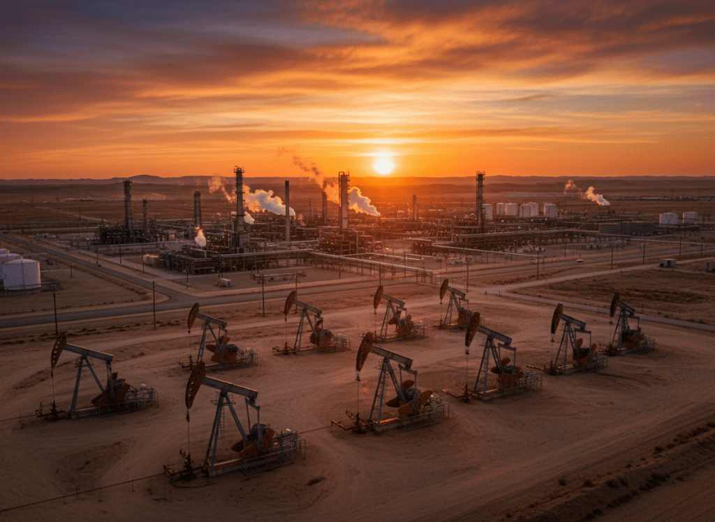 Oil pump jacks and refinery infrastructure at sunset, industrial oil and gas field, professional photography