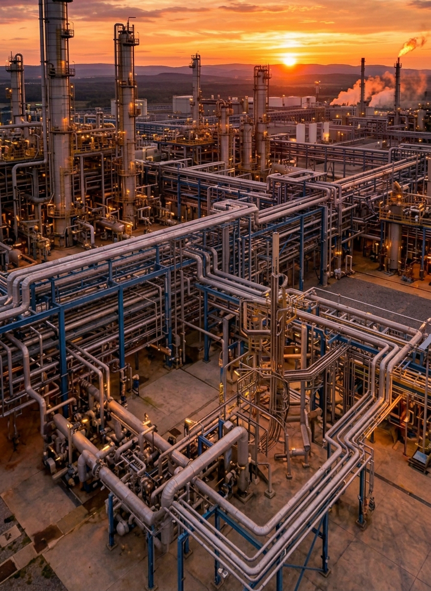 A detailed view of a compact skid-mounted process instrumentation system, featuring a dense but orderly arrangement of pressure gauges, flow transmitters, block-and-bleed valves, stainless tubing, and terminal junction boxes mounted on a painted steel frame. The skid sits on a spotless epoxy-coated factory floor, with blurred production machinery and structural beams in the background. Soft, diffused industrial lighting from overhead fixtures reduces glare, creating gentle reflections on metal fittings and clear readability of dial faces without any on-image text. Captured at a three-quarter angle with moderate depth of field, the front row of instruments is in sharp focus while background elements gently soften. The mood is confident and technical, showcasing Vicvell’s ability to deliver fully engineered, turnkey instrumentation solutions ready for installation in Malaysian facilities.